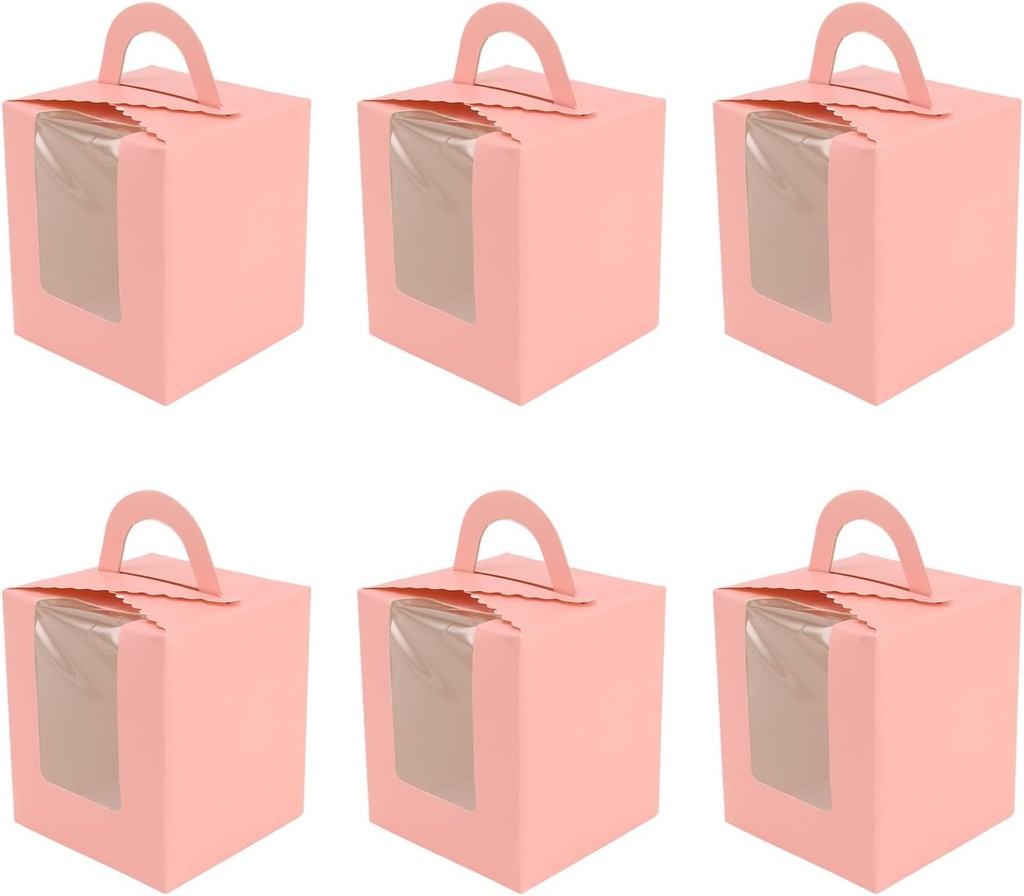 Cupcake Boxes, 50PCS Portable Single Individual Cupcake Containers with Transparent Window for Bakery Wrapping Favor Packing Pink