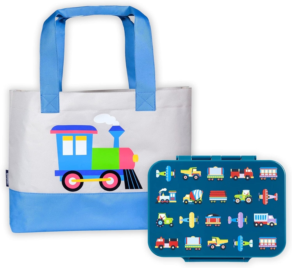 Wildkin Kids Beach Tote Bag Bundle with Bento Box (Trains, Planes, and Trucks)