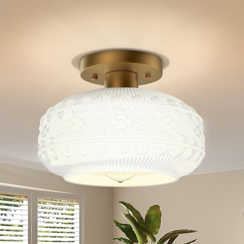 Gold Semi Flush Mount Ceiling Light Fixture,Globe Glass Hallway Lights Fixture Ceiling Light with Milk Glass,Vintage Kitchen Lights,Farmhouse Lighting for Entryway Bathroom,Bulb Not Included