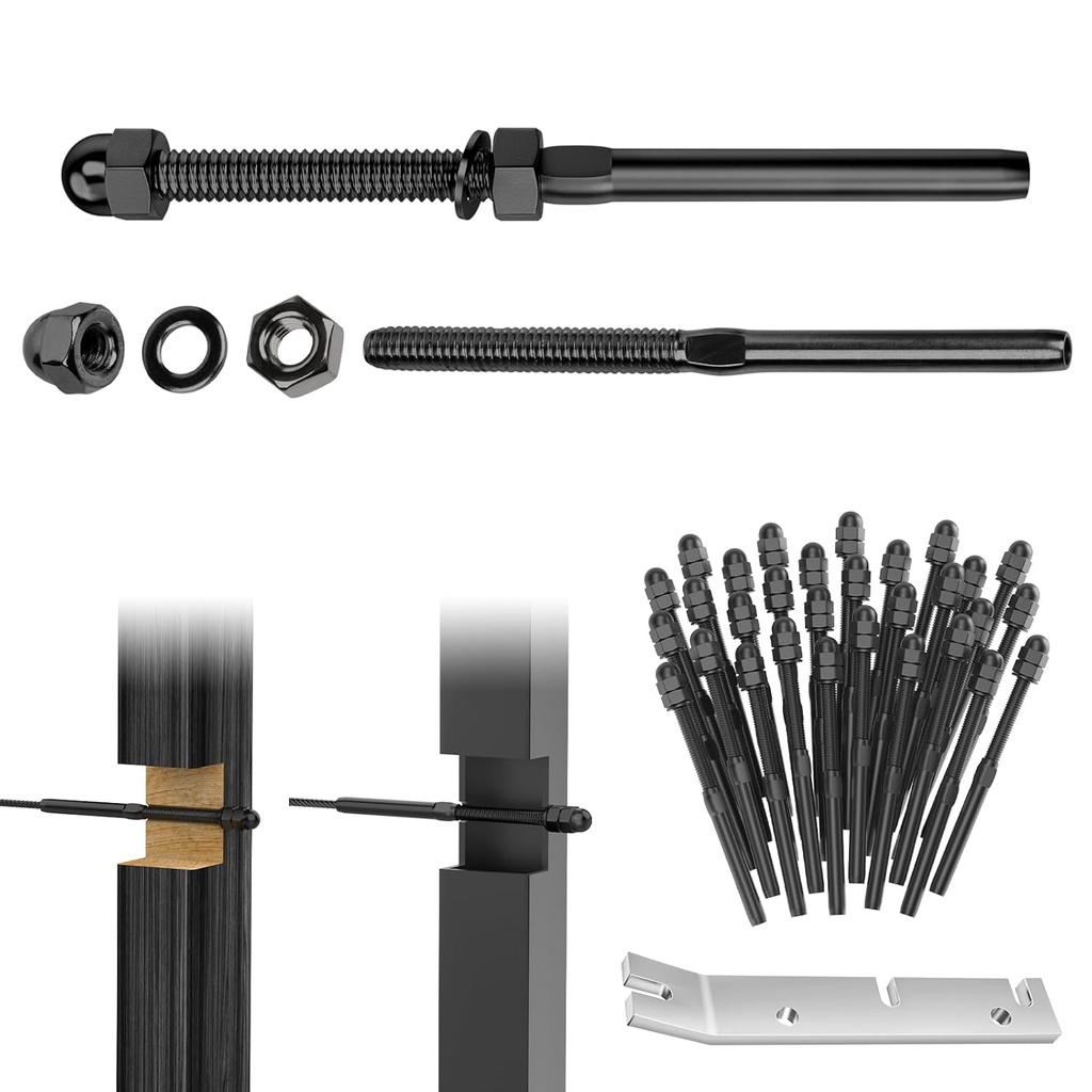 CKE 30 Black Cable Railing Swage Threaded Stud Tension End Fitting Terminal for 3/16" Deck Cable Railing Hardware, T316 Stainless Steel Black Cable Railing Kit for 2x2 Wood/Metal Post BCR06