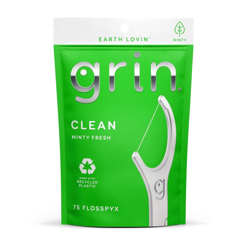 GRIN Clean Flosspyx, Floss Picks, 75 Count, Dental Flossers, Minty Flavor, Recycled Plastic, Super Strong Fine Floss, Tight Teeth, Premium Longer Floss Head, Includes Safe Fold-Back Tooth Pick