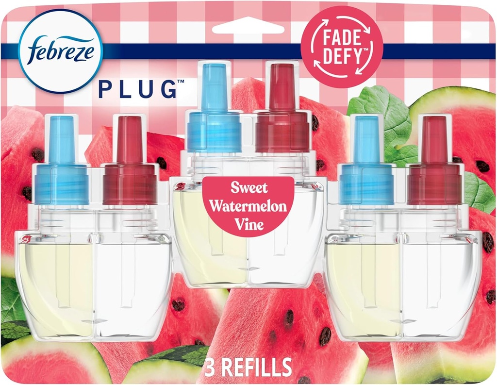 Febreze Plug In Air Freshener, Odor-Fighting Scented Oil Refill, Air Fresheners for Home and Bathroom and Kitchen, Long Lasting for Strong Odors, Sweet Watermelon Vine Scent, 0.87oz Refill, 3 Count