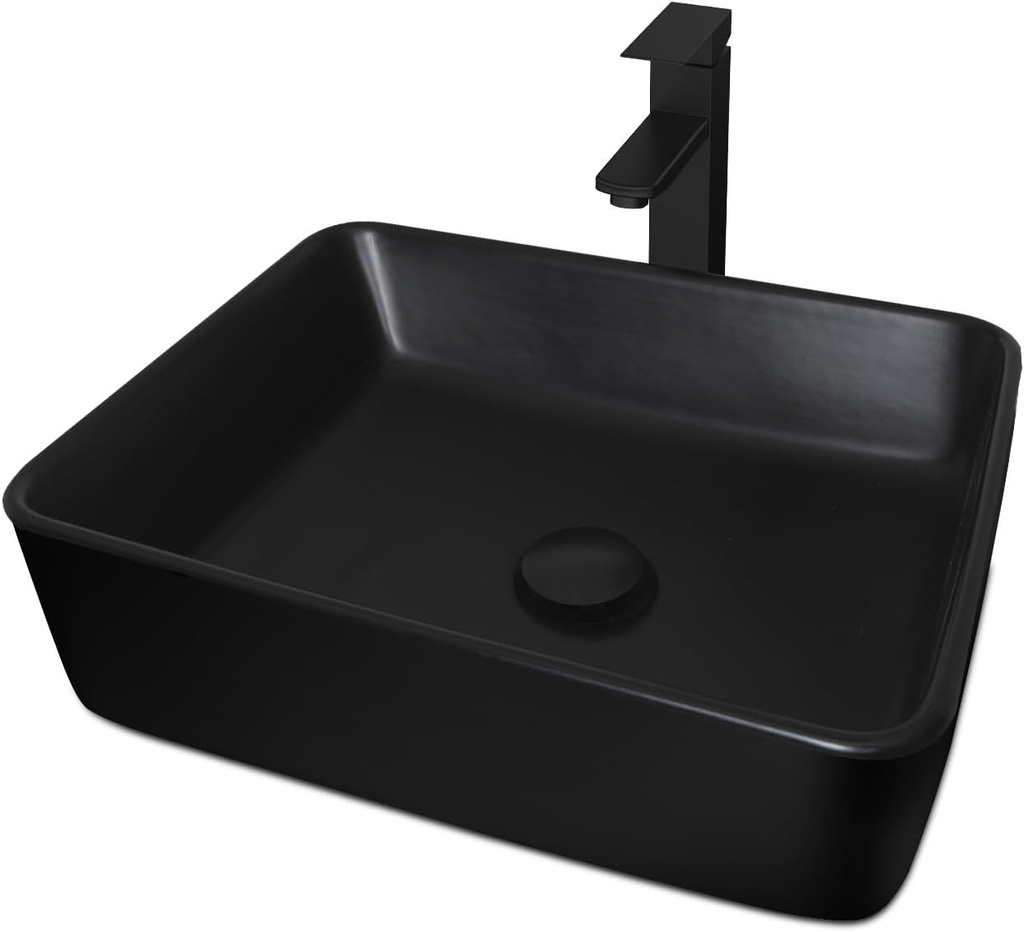 Ceramic Bathroom Sink, Black 19" x 15" Above Counter Porcelain Vessel Sink with Black Faucet and Pop up drain Set, Rectangle