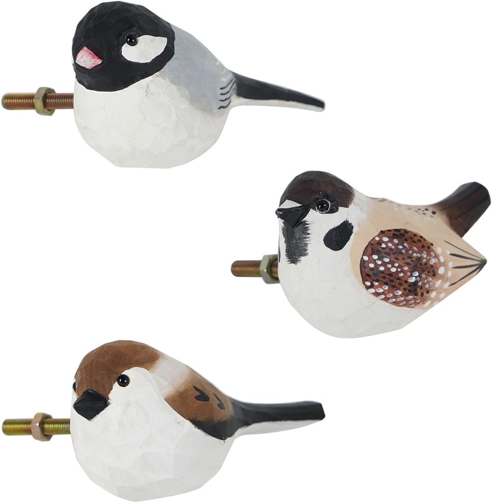 SOFFEE DESIGN Set of 3 Wooden Birds Cabinet Knobs, Decorative Pull Handle for Door/Cabinet/Drawer, Vivid Multicolor of 3D Bird Knobs Home Decor