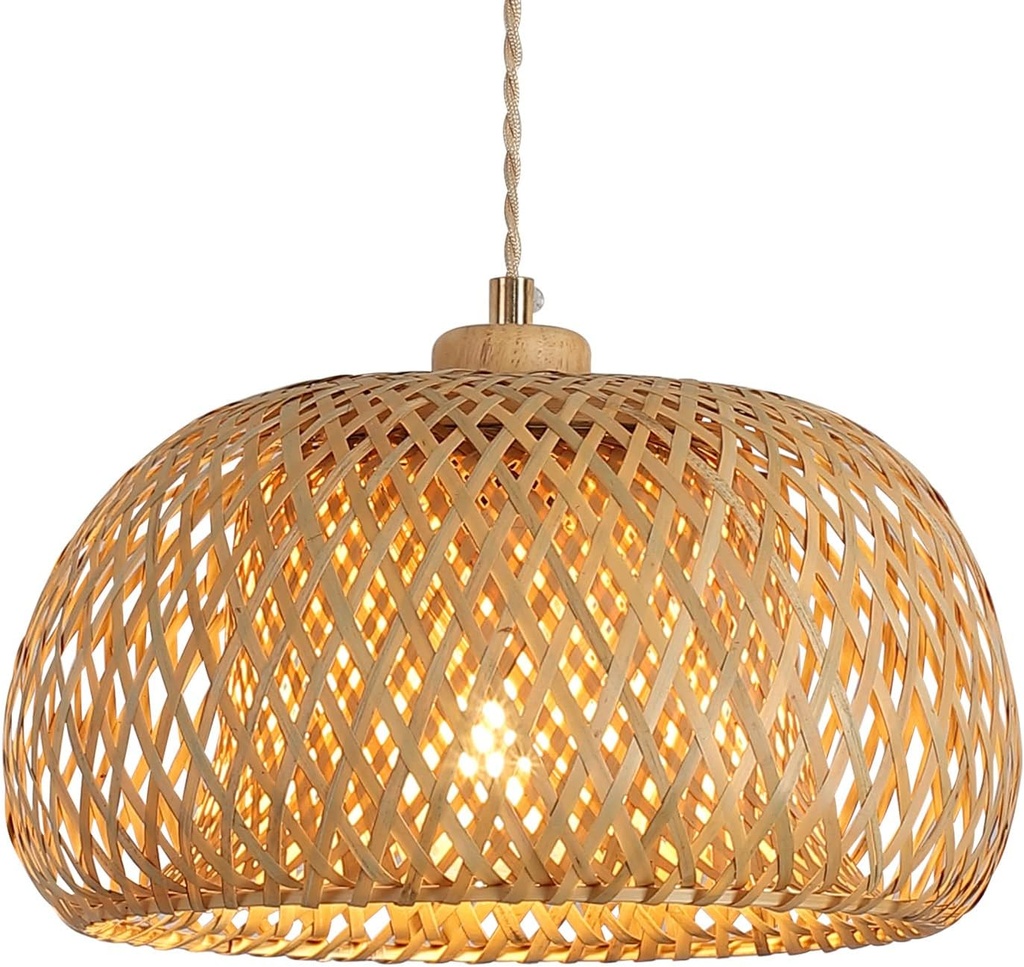 Bamboo Pendant Light Fixture One-Light Adjustable Boho Basket Handmade Woven Pendant Lighting for Kitchen Island Sink Farmhouse Dining Room