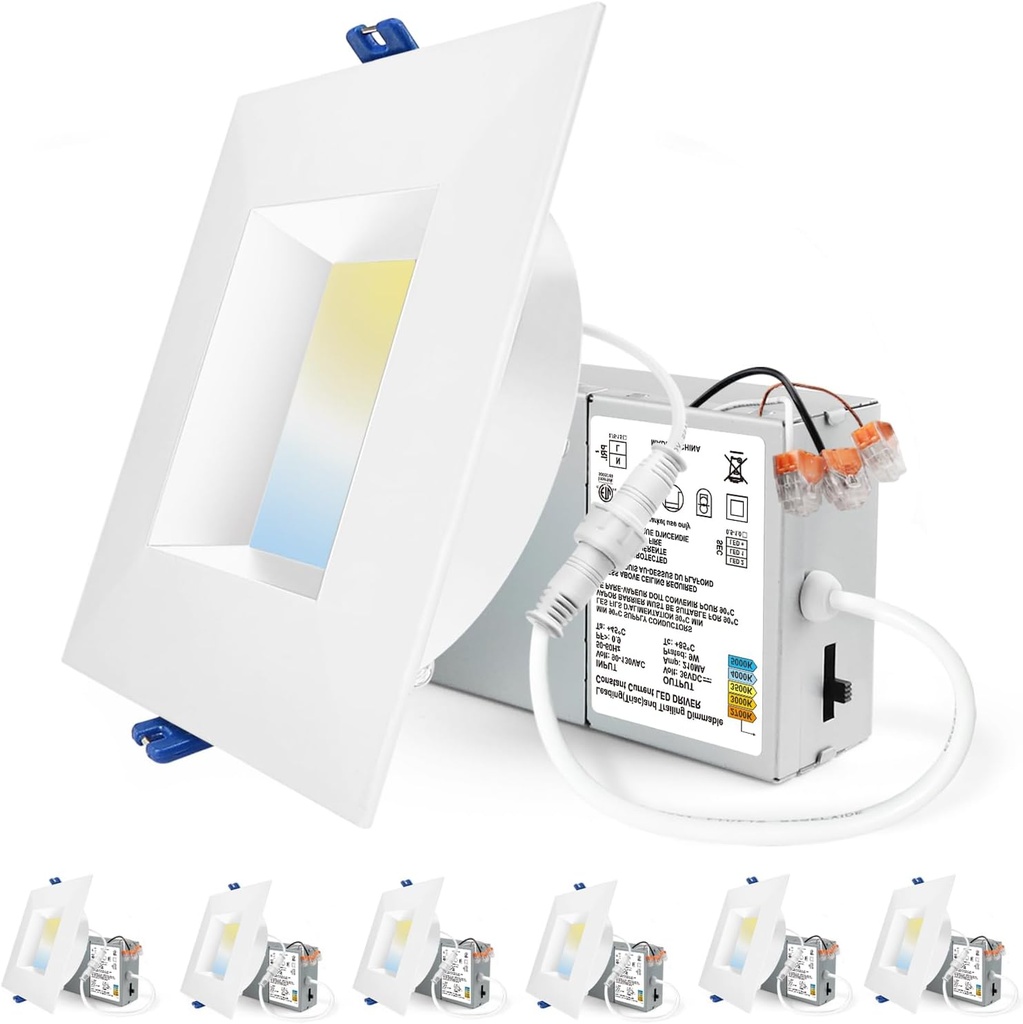 Adetu 4 Inch Anti-Glare LED Downlight,Dimmable Ceiling Light with 5CCT Reset,Selectable from 2700K to 5000K - 12W 1080LM, ETL Certified (White, 6 Pack Square)