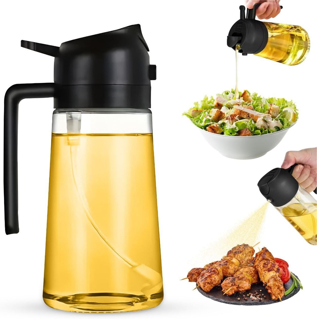 2-in-1 Olive Oil Dispenser Bottle, Spray and Pour, Multi-Use Kitchen Gadget, Food-Grade, Salad Dressing, Air Fryer, Healthy, BBQ, Barbecue (Black)