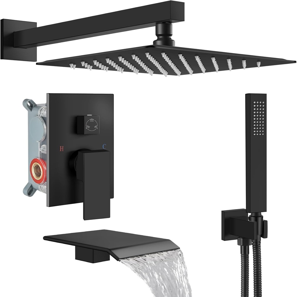 Midanya Rain Shower System with Tub Spout,Tub Shower Faucet Set with rainfall Shower Head and Handheld Spray,Wall Mount Tub Shower Combo Rough-in Valve Included,10 Inch Matte Black
