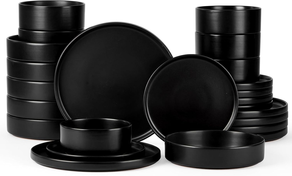 Onader 24 Piece Stoneware Dinnerware Sets with Pasta Bowls, Kitchen Dinner Dishes Set for 6, Plates and Bowls Dishware Dining Ware - Ebony Black