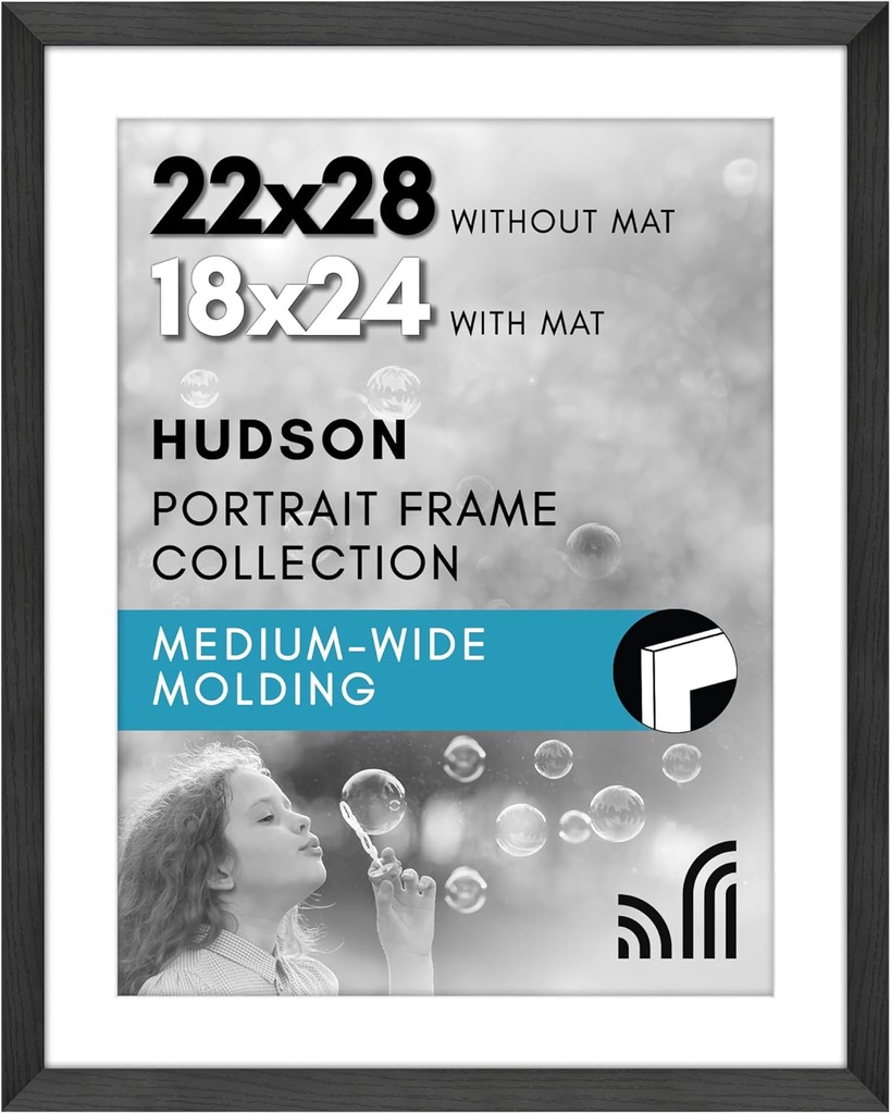 Americanflat 22x28 Poster Frame with Polished Plexiglass - Use as 18x24 Frame with Mat or Display 22x28 Photo Without Mat - Hudson Collection - Wide Picture Frames for Wall Display - Black