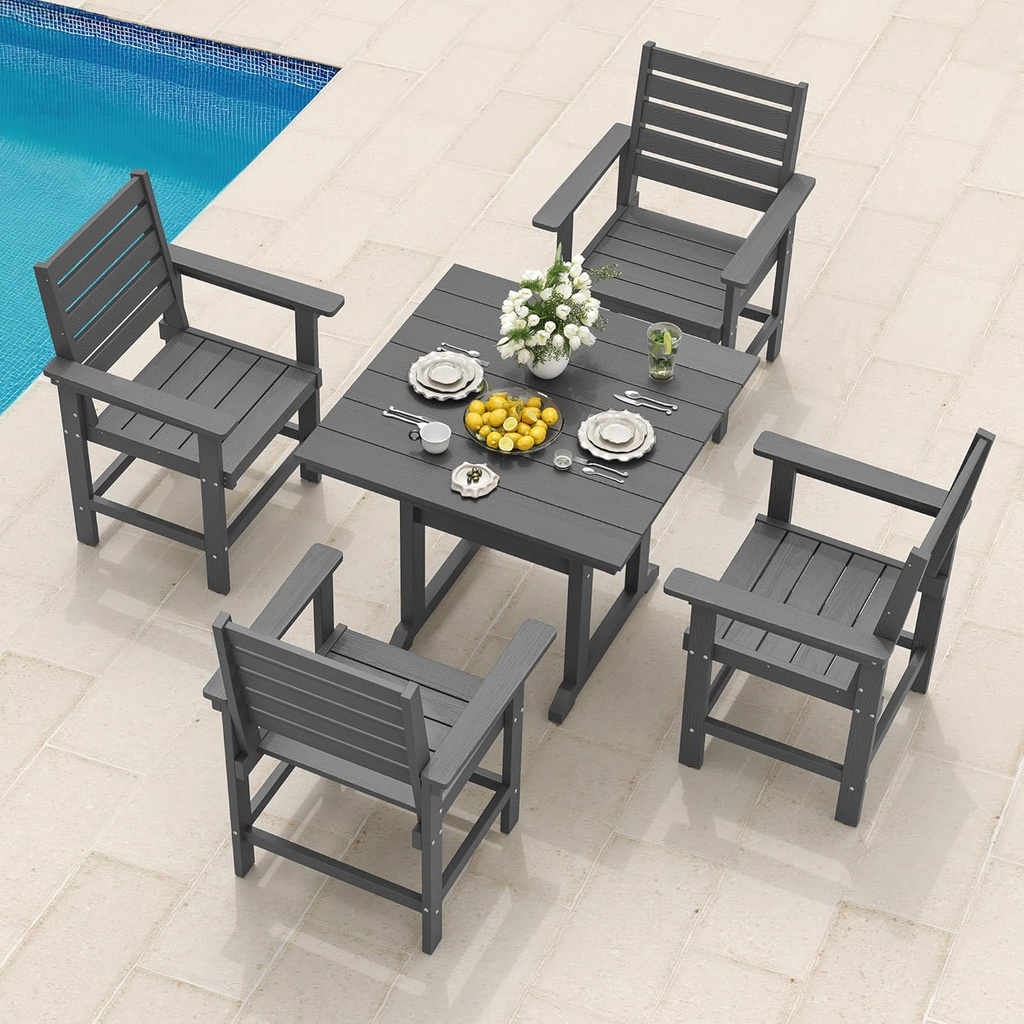 5 Piece Outdoor Dining Set, HDPS Patio Table and Chairs Set, 35" Patio Table with 1.96" Umbrella Hole & 4 Chairs, All Weather Furniture for Garden, Backyard, Poolside (Grey)
