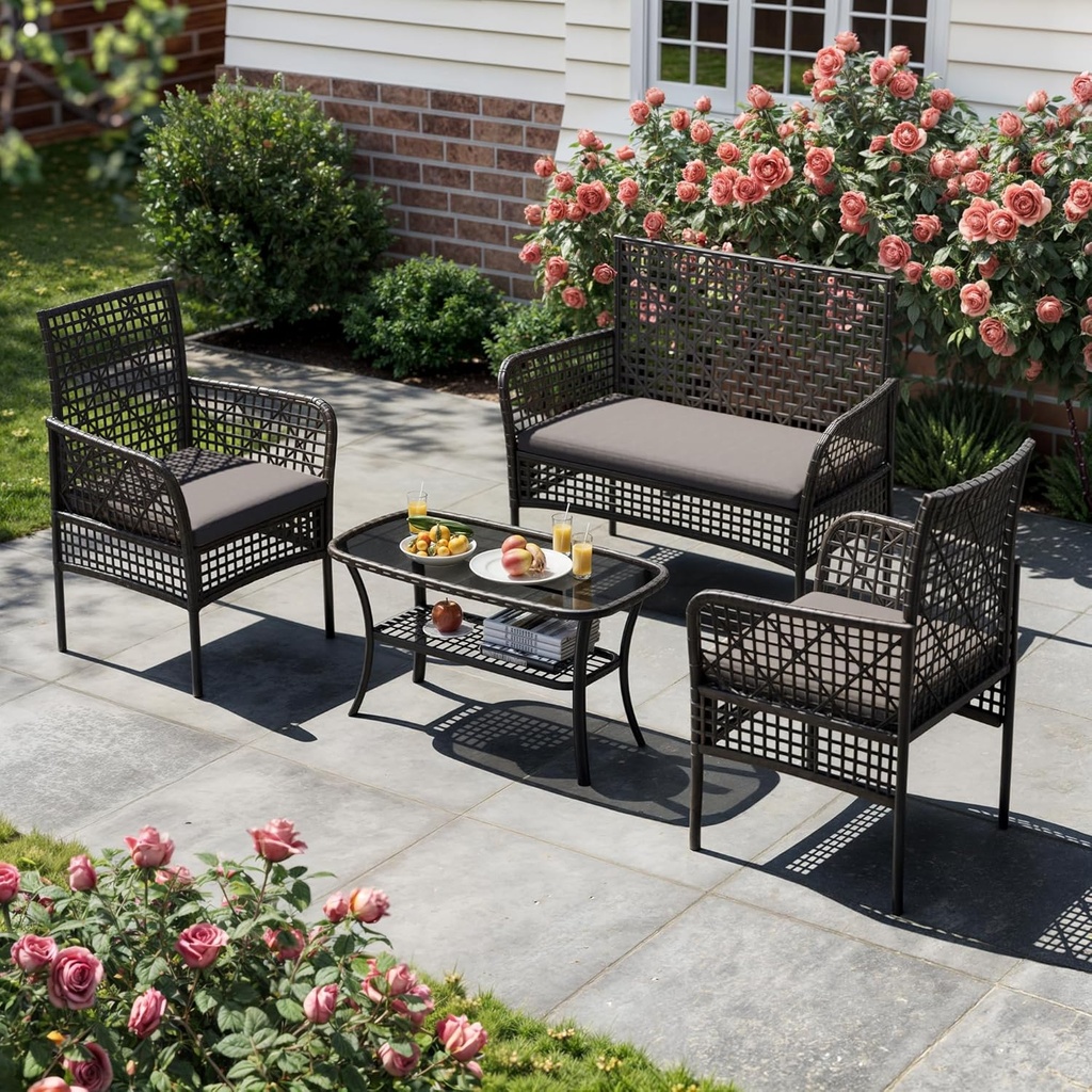 Patio Furniture Set 4 Pieces Outdoor Wicker Rattan Chairs with Coffee Table and Cushions, Modern Patio Conversation Sets for Poolside Backyard, Grey