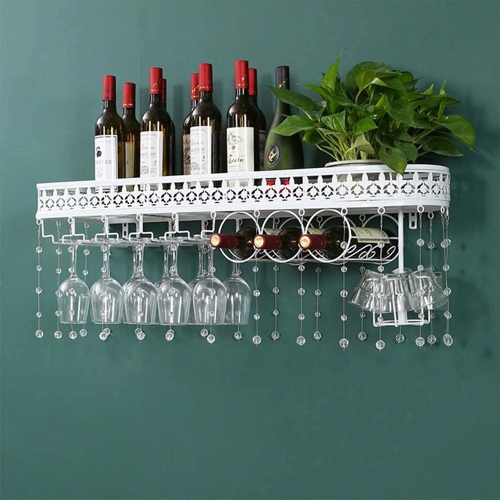 Wine Rack Wall-Mounted White with Crystal Inverted Wine Glass Rack and Goblet Rack Guardrail Design Iron Bottle Holder Wine Shelf for Bar, Wine Cellar, Restaurant, Home Home Decoration