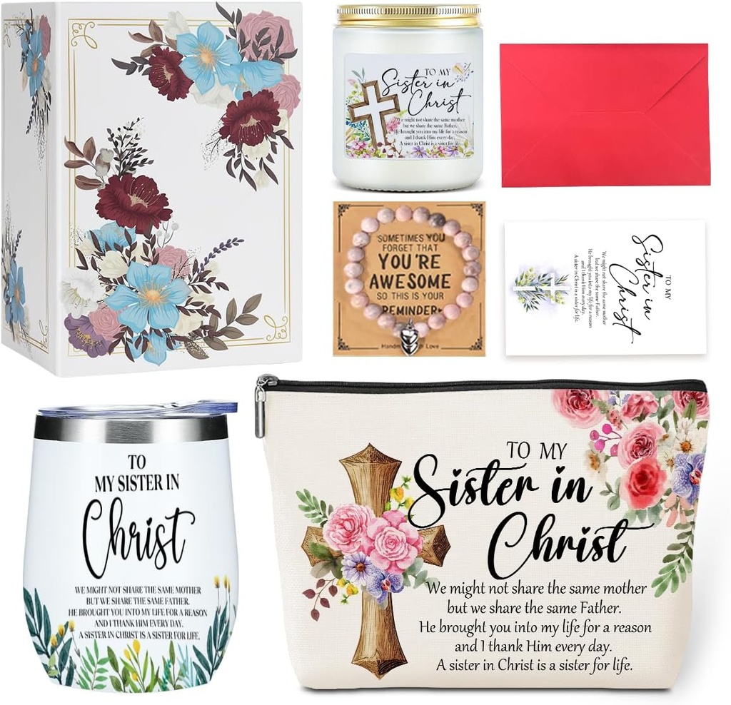 jeilink Inspirational Christian Gifts for Women, Friend Bestie Sisters in Law, Sister Birthday Gifts, Sisters Gifts from Sister, Religious (12oz Wine Tumbler Makeup Bag Candle Bracelet Card Set)
