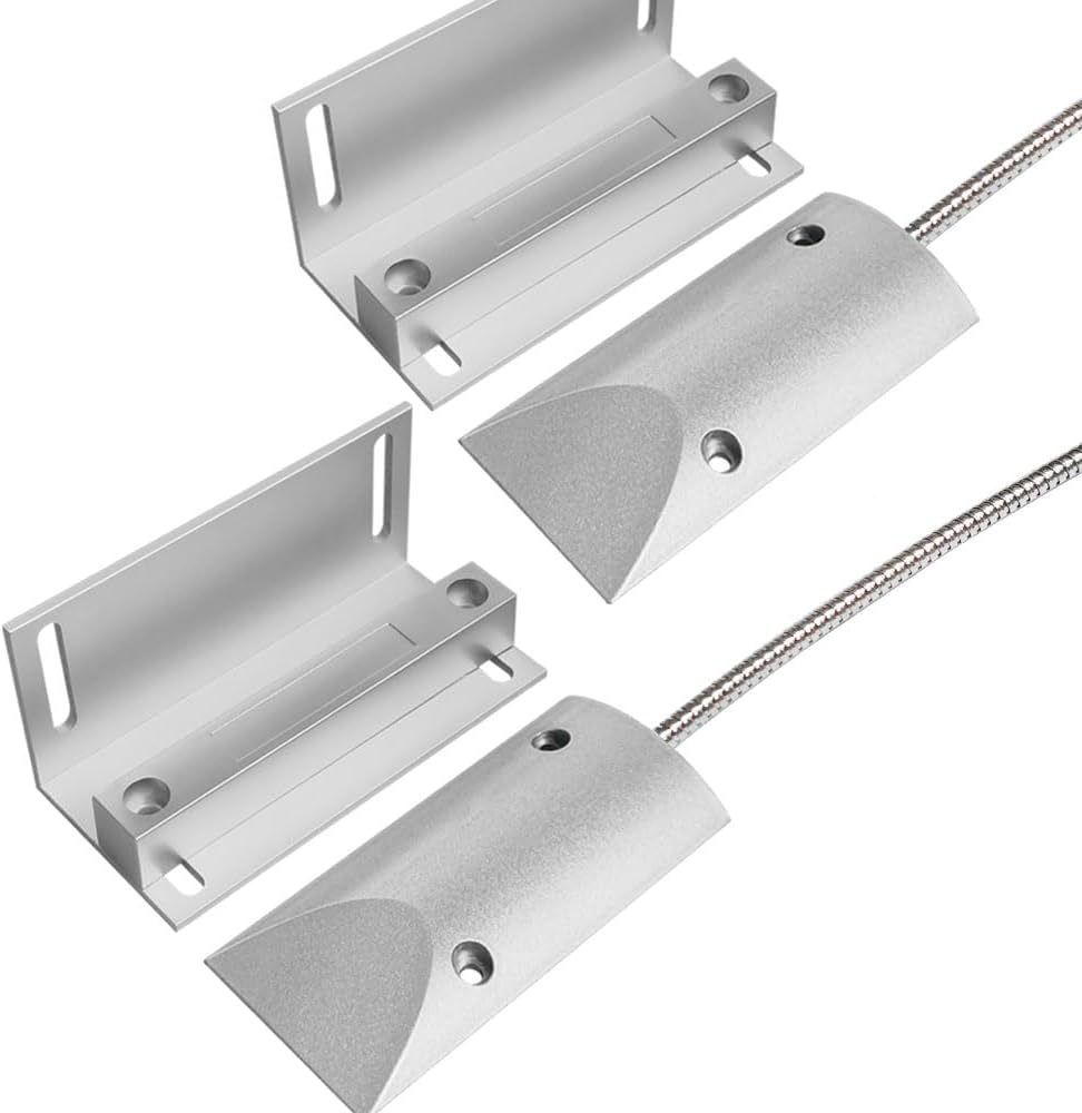 2 Sets Overhead Garage Door Contacts Wired Magnetic Switch Alarm Sensor with 15" Armored Wire Leads and Adjustable Bracket