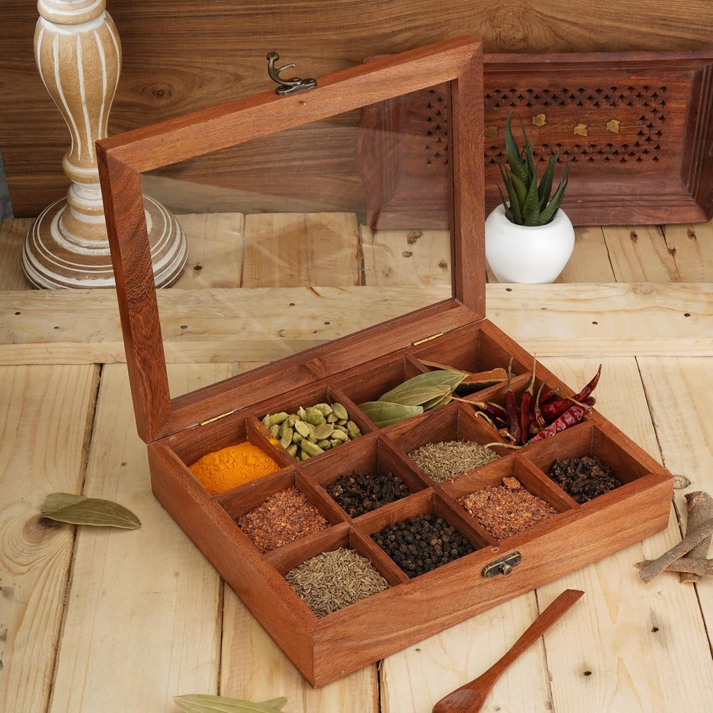 Ajuny Wooden Spice Box 10x8 Inch - Decorative Indian Masala Dabba Organizer with Glass Lid 12 Compartments & Spoon Spice Storage Container Ideal for Seasonings & Herbs Perfect for Gift