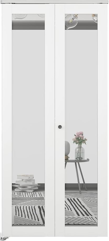 36 in. x 80 in. Mirrored Glass Solid Core White Composite Bi-fold Door with Hardware Kit and Door Handle