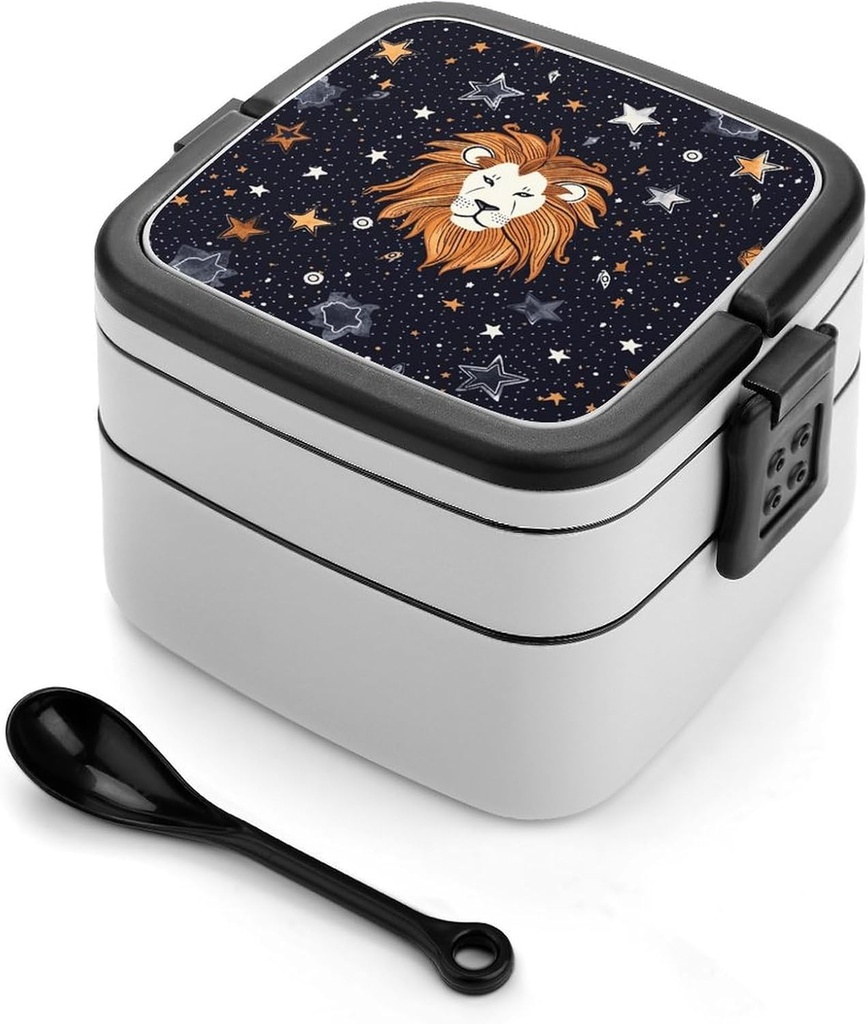 Lion And Stars Bento Box Adult Lunch Box All-in-One Lunch Containers with Removable Compartments Double Layer Bento Lunch Box with Spoon And Handle Stackable Lunchbox