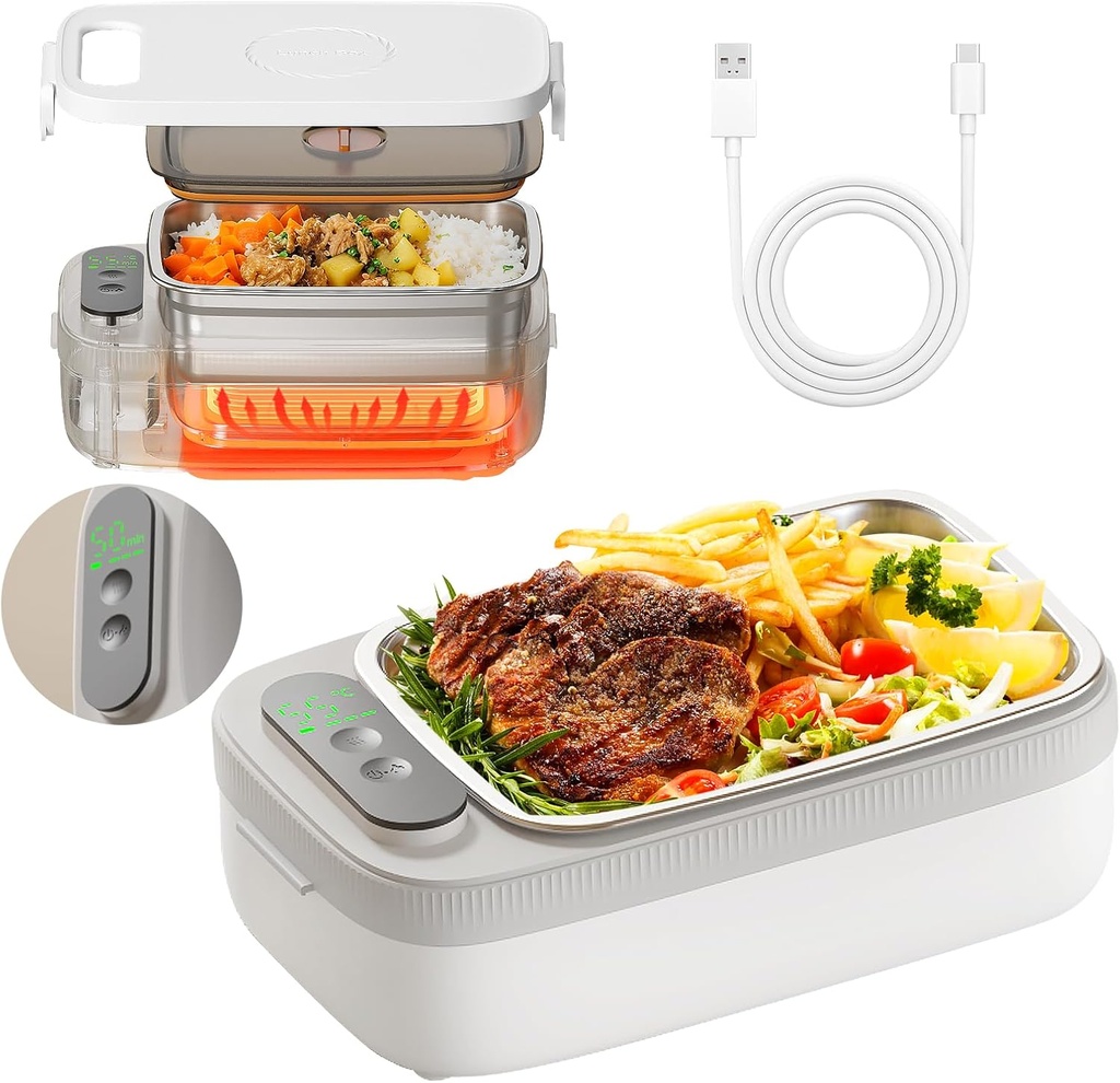 VVU&CCO Cordless Heated Lunch Box, 18W Heated Lunch Box for Men, 1L Stainless Steel, Portable Food Warmer for Office/Picnic/Car/Truck/Work, 7 Timer Self-Heating, No Waiting for Lunch