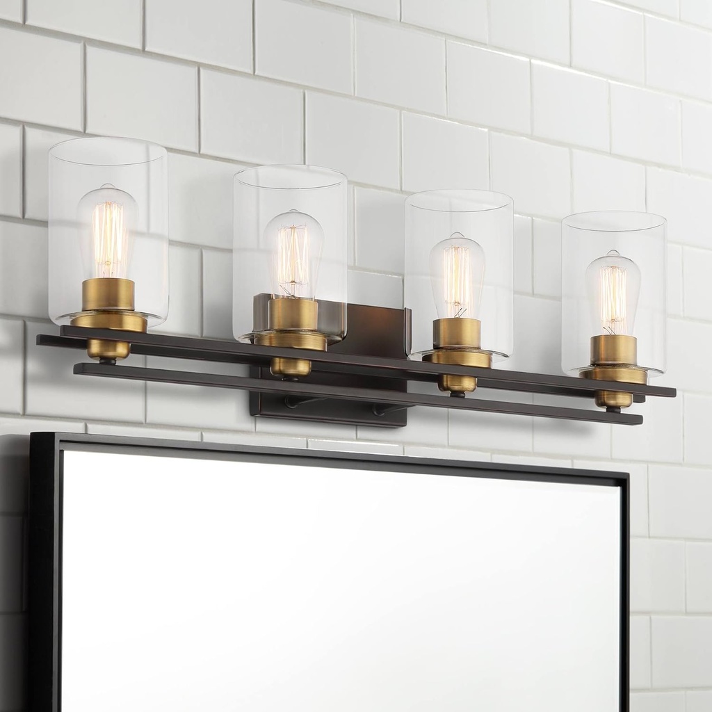 Possini Euro Design Demy Modern Industrial Wall Mount Light Oil Rubbed Bronze Gold Hardwired 27" 4-Light Fixture Clear Glass Shade for Bedroom Bathroom Vanity Living Room Home Hallway Kitchen