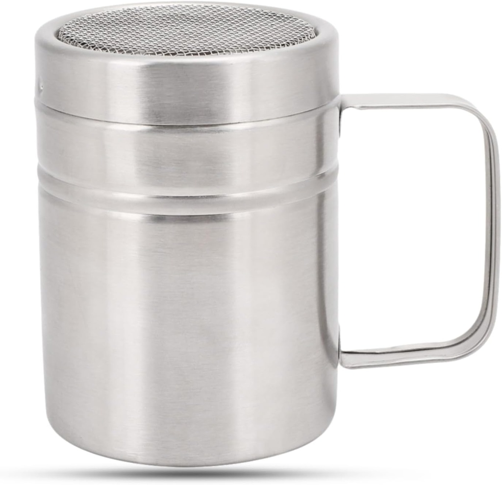 Stainless Steel Dredge Shaker with Handle, 10 Oz Seasoning Shaker Bottles Spice Shaker Powder Sugar Shaker Popcorn Salt Shaker Flour Shaker Pepper Shaker Powdered Sugar Dispenser