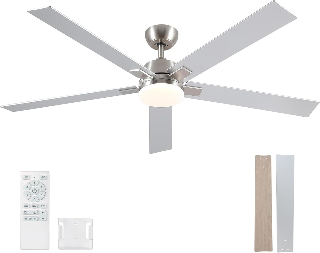 60 Inch Ceiling Fans with Lights and Remote, 6 Speed Reversible DC Motor, 3CCT Dimmable LED, 5 Blades, Brushed Nickel Modern Ceiling Fan for Bedroom, Living Room & Covered Outdoor, Includes Downrod