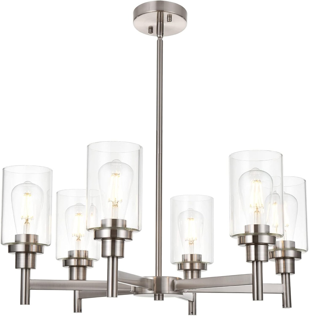 VINLUZ 6 Light Contemporary Chandelier Brushed Nickel Modern Pendant Lighting Cylinder Clear Glass Shaded Classic Ceiling Light Fixtures for Living Room Dining Room Kitchen