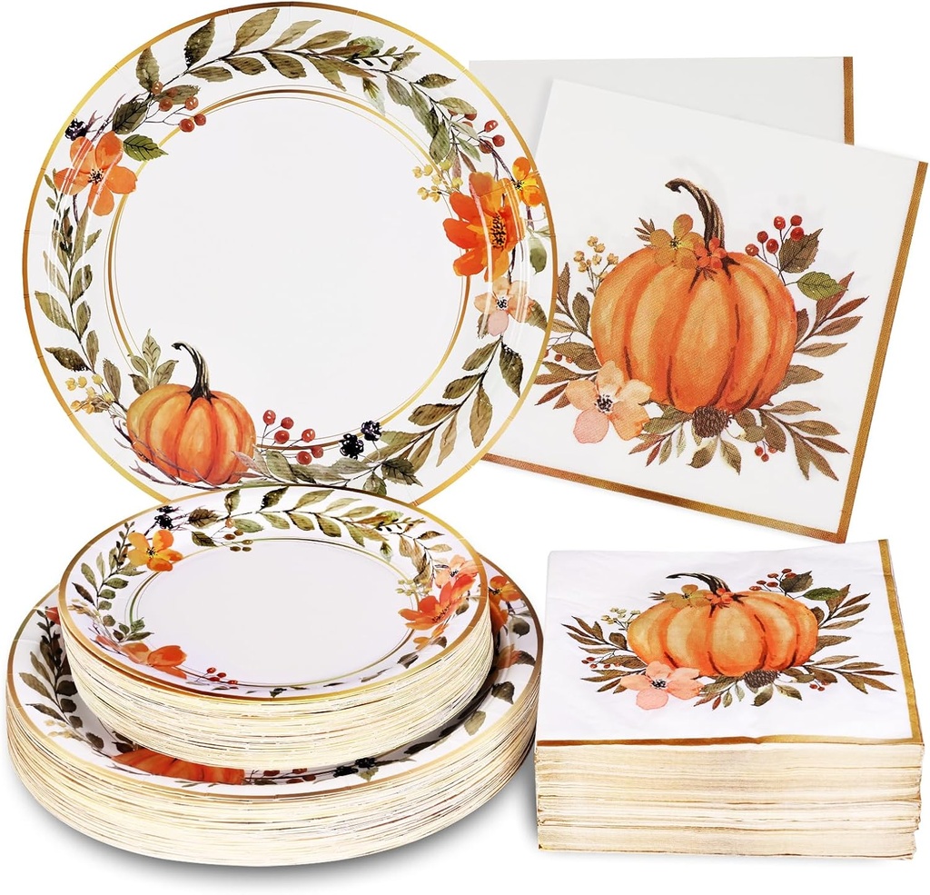Homlouue 200Pcs Thanksgiving Paper Plates and Napkins, Fall Plates and Napkins, Pumpkin Flower Wreath Plate, Watercolor Disposable Party Supplies for Thanksgiving Autumn Harvest Table Decor, 50 Guests