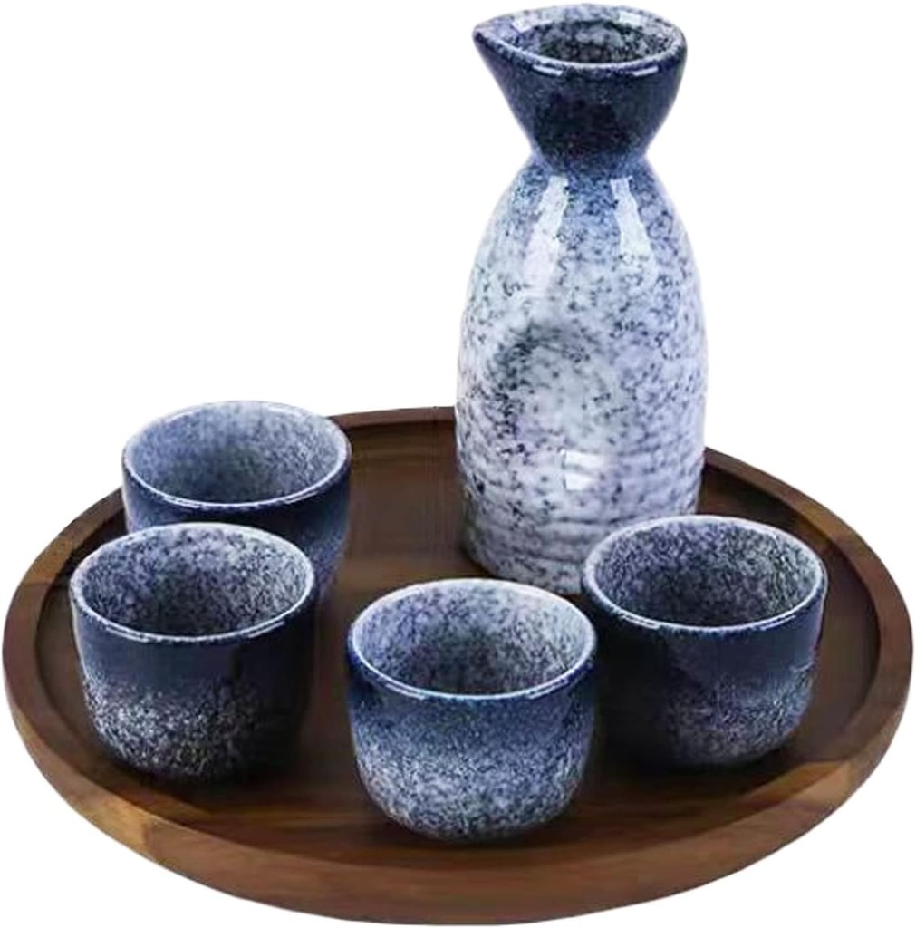 Japanese Sake Set Ceramic Sake Bottle and Sake Cups with Wooden Tray for Home or Restaurant (1 pot 4 cups)