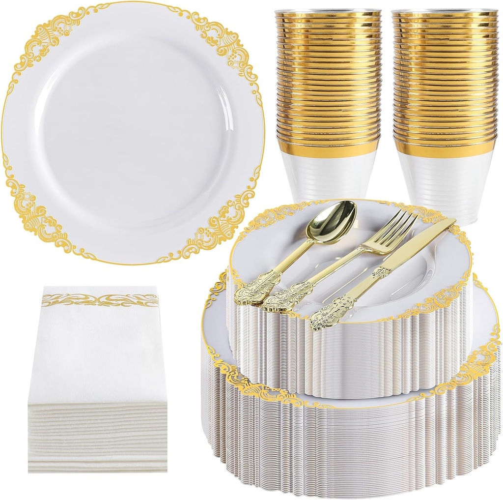 350PCS Disposable Plastic Dinnerware Set for 50 Guests, White and Gold Trim Fancy Plates and Golden Cutlery, Include 50Sets Dinner Dessert Plates Forks Spoons Knives Cups Napkins for Party (WhiteGold)