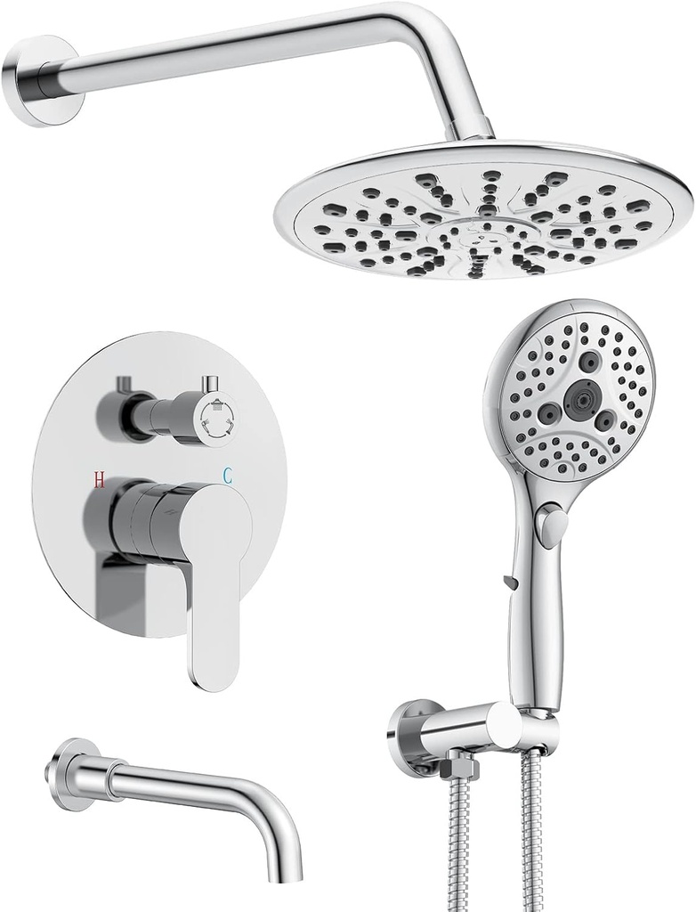 Suncleanse Bathtub Faucet Shower System: Wall Mounted 9" Rainfall Head Set - 7-Spray High Pressure Handheld Complete Combo - Valve with Trim Kit - Polished Chrome Tub Spout for Rain Luxury Bathroom