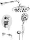 Suncleanse Bathtub Faucet Shower System: Wall Mounted 9" Rainfall Head Set - 7-Spray High Pressure Handheld Complete Combo - Valve with Trim Kit - Polished Chrome Tub Spout for Rain Luxury Bathroom