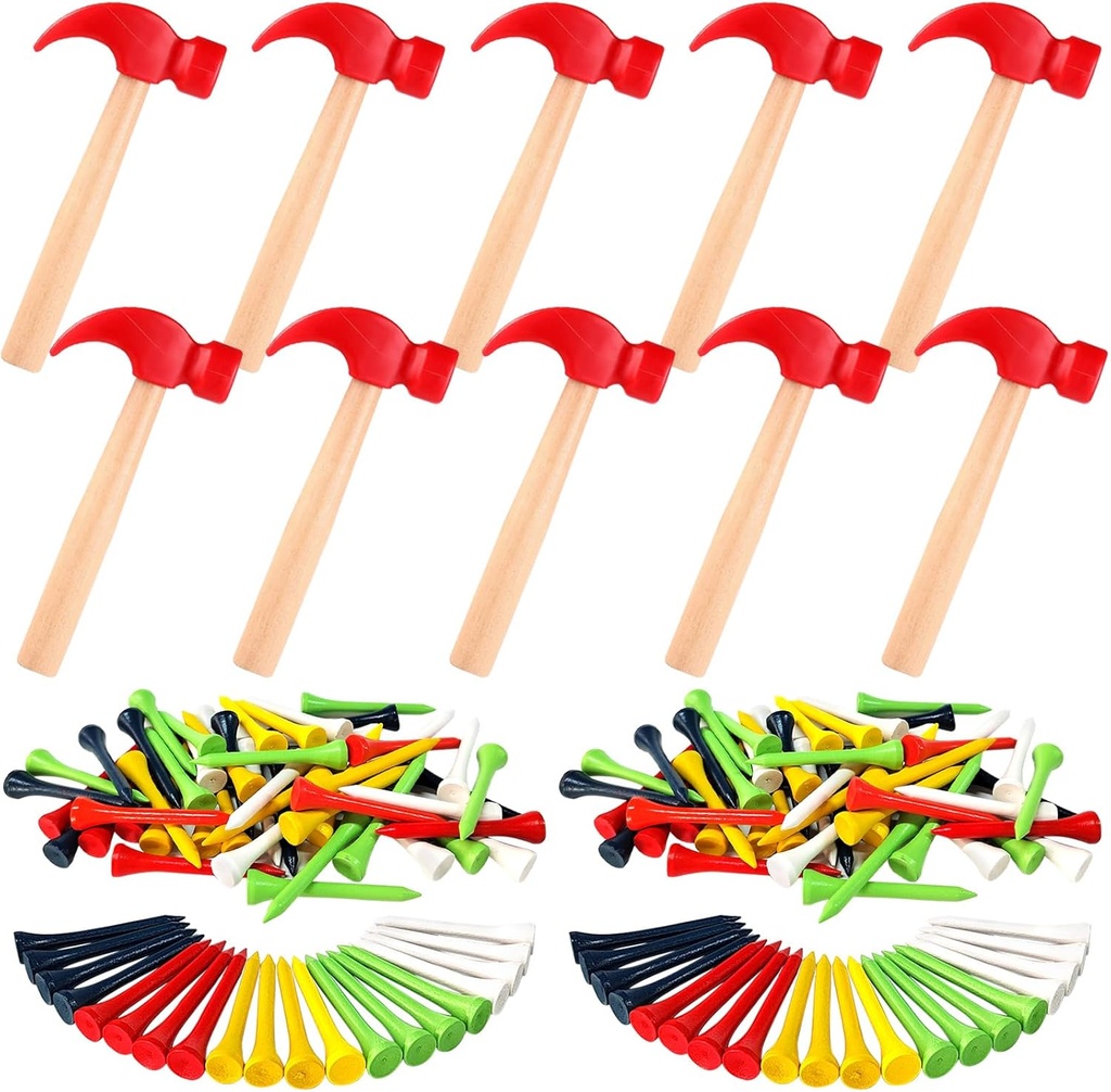 10 Pcs Kids Wooden Hammer Toy with 100 Pcs Colorful Wood Golf Tees, Small Plastic Hammer Simulation Hammers Educational Toys for Children Gift Birthday Party Halloween (Red)
