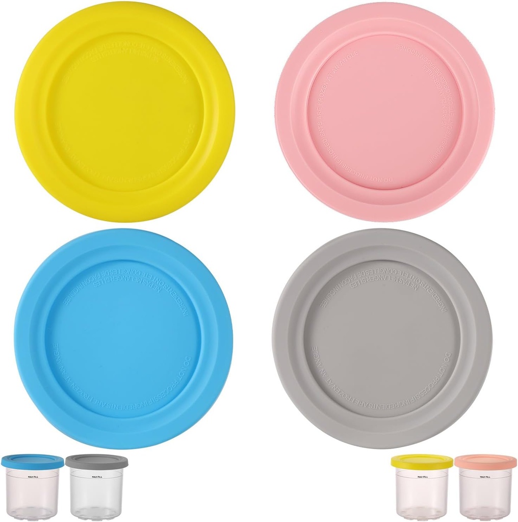 4pcs Ice Cream Containers Silicone Lids Compatible with Ninja Creami NC299AMZ NC300 NC301 Pints Ice Cream Maker, Silicone Covers Replacement BPA Free Storage for Ice Cream Accessories