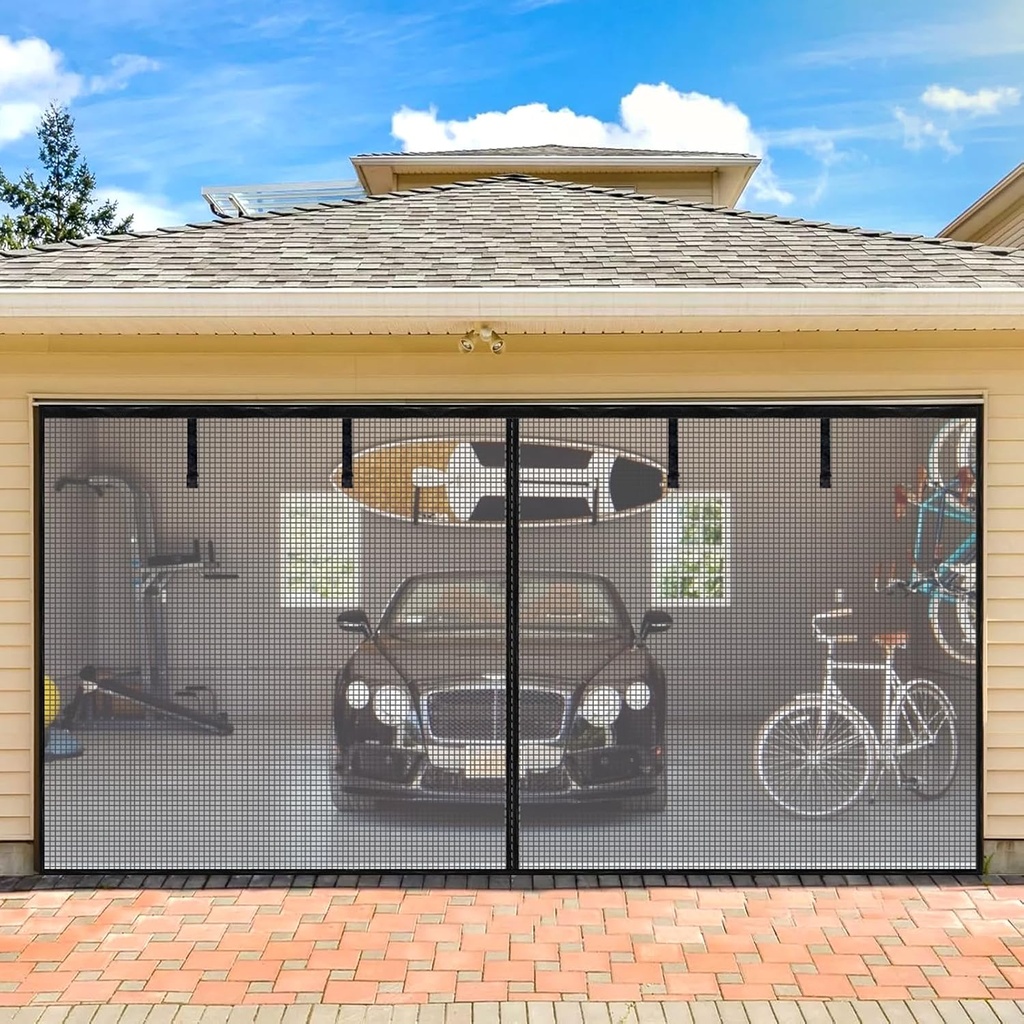 Garage Door Screen for 1 Car Garage-9x7FT Heavy Duty Magnetic Garage Screen,Keep Bugs Out, Hands Free, Magnetic Garage Screen Door, Black