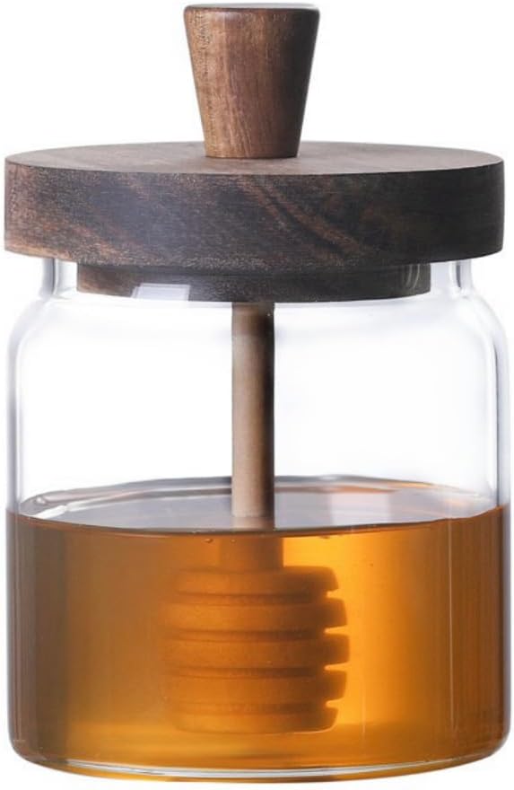 ANSQU Honey Pot, Airtight Glass Honey Jar with Dipper Stick and Wooden Lid, Honey Containers for Storing Honey, Mason Jar for Home Kitchen, 17oz