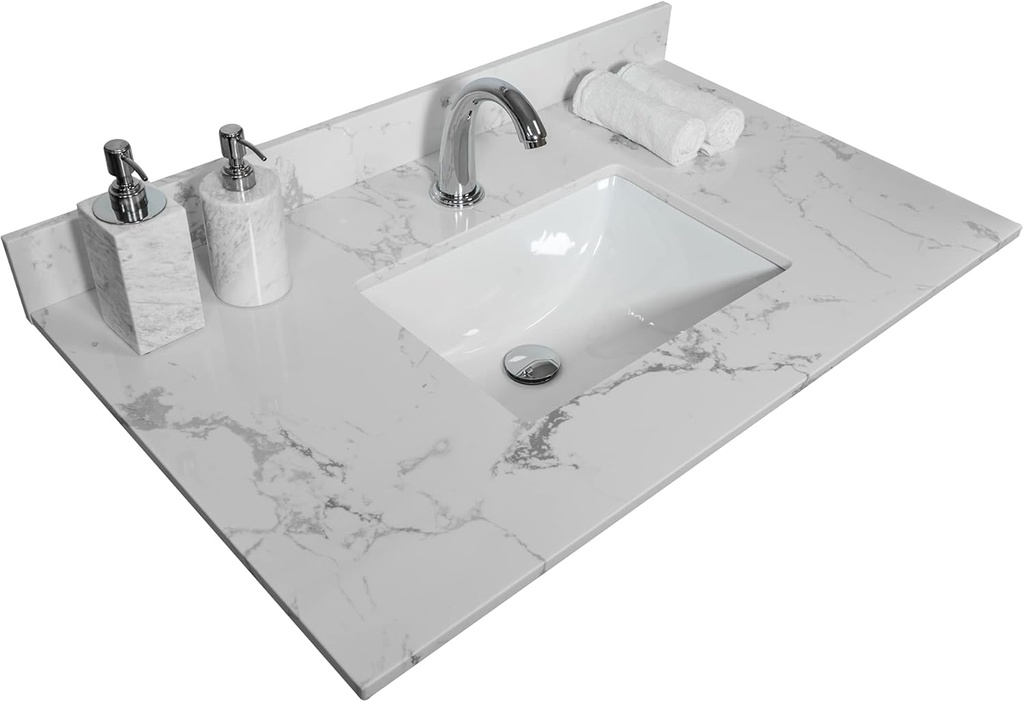 31 Inch Bathroom Vanity Top Stone, Carrara White Engineered Marble Stone Vanity Sink Top with Undermount Ceramic Sink and Back Splash with Single Hole for Bathrom Cabinet (31"x22"(Single Hole))