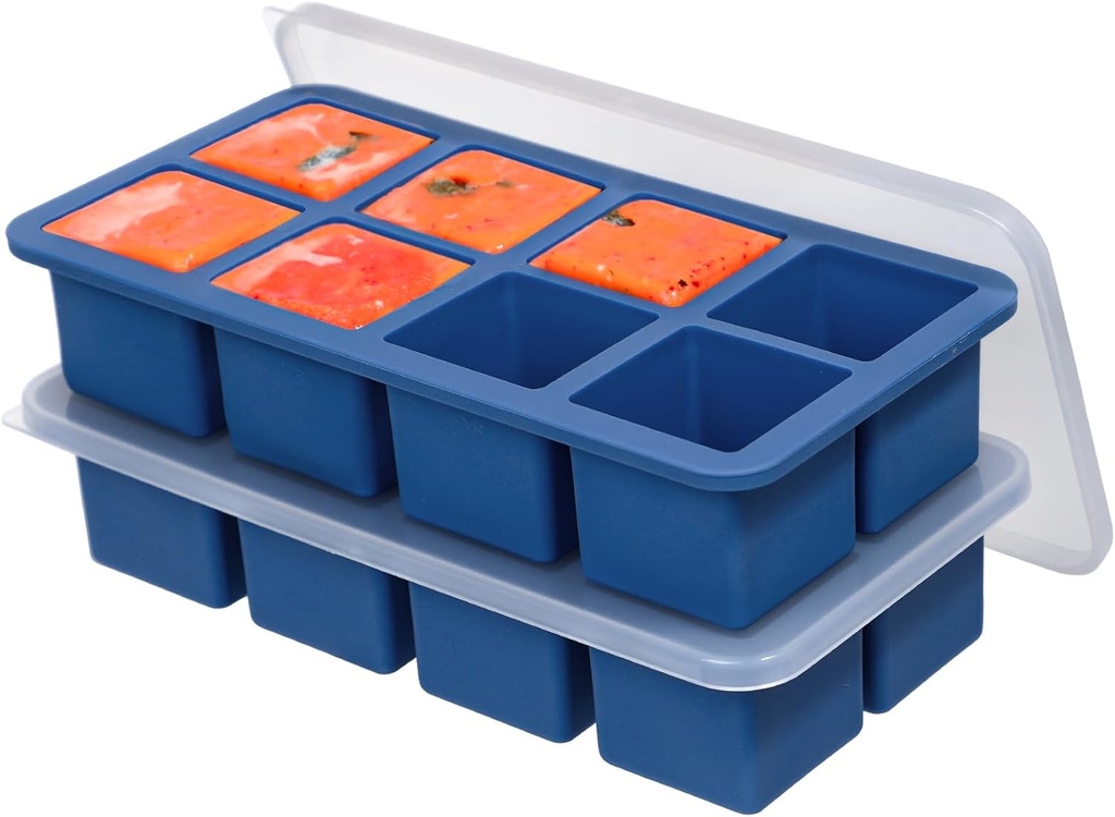 KOLUTI Nonstick Silicone Freezer Molds with Plastic Lid 2 Pack, 8 Soup Cubes Tray Sauce Ice Cube Mold Maker, Stackable Food Meal Prep Storage Container for Freezing, Dishwasher Safe & BPA Free