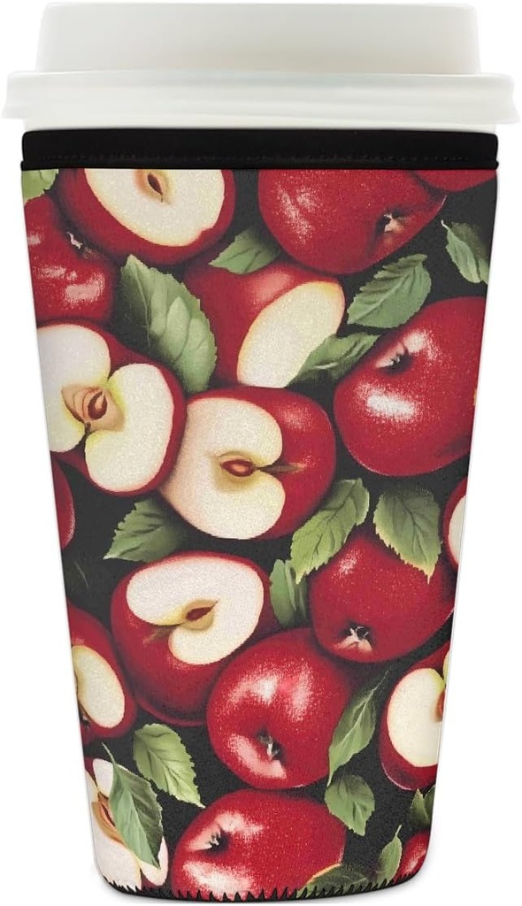Fruit Red Apples Reusable Iced Coffee Sleeve Neoprene Insulated Drink Holder, Washable Anti-Slip Cold Cup Sleeve for Tumblers Bottles Glasses 26-28oz