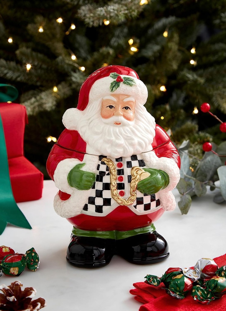 Spode Christmas Tree Black & White Santa Candy Jar - 8-Inch Ceramic Candy Storage Jar with Lid - Decorative Christmas Cookie Container for Holiday Kitchen Counter Displays, Treats, and Gifts