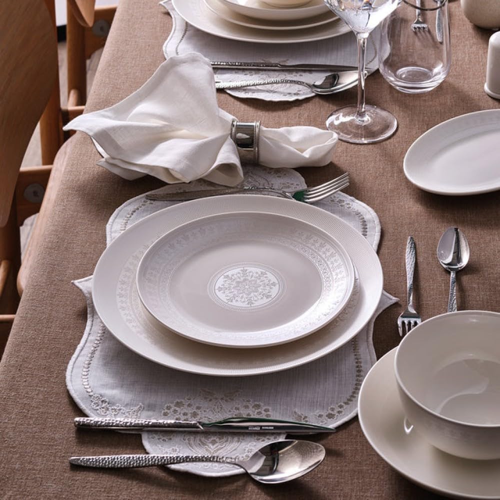 Karaca Forever Arte 53-Piece Bone China Dinnerware Set, Dinner Set for 12 People, White, Durable, Lightweight, Dishwasher & Microwave Safe Tableware for Elegant Dining