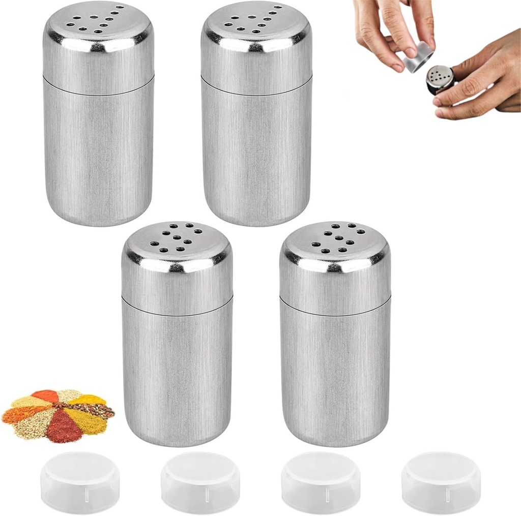 Salt and Pepper Shakers Set, 4 Pieces Stainless Steel Mini Spice Shakers, Small Salt Shakers with Lid, Spice Dispenser for Home, Kitchen, Barbecue, Restaurant (Silver)