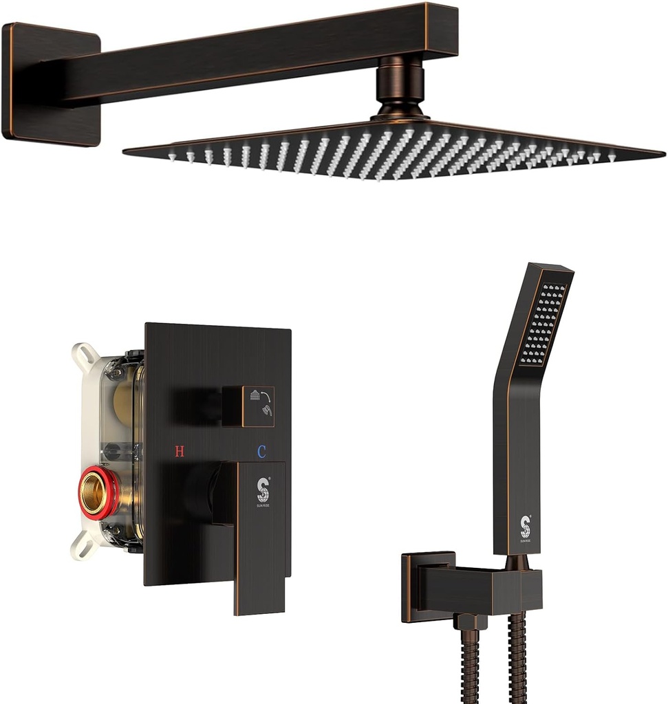 SR SUN RISE ORB Square Rainfall Shower Head and Handle Set, Wall Mounted Shower Fixtures, Metal Shower Faucet Trim Repair Kits (With Shower Valve) 10 Inches