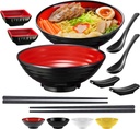 Unbreakable Ramen Bowl Set with Chopsticks and Spoon: 2 large Japanese Style Melamine Ramen Bowls, Dipping Bowls and Chopstick Stands for Asian Pho Soup Thai Miso Udon Wonton (2 Bowl Set, Red-Black)
