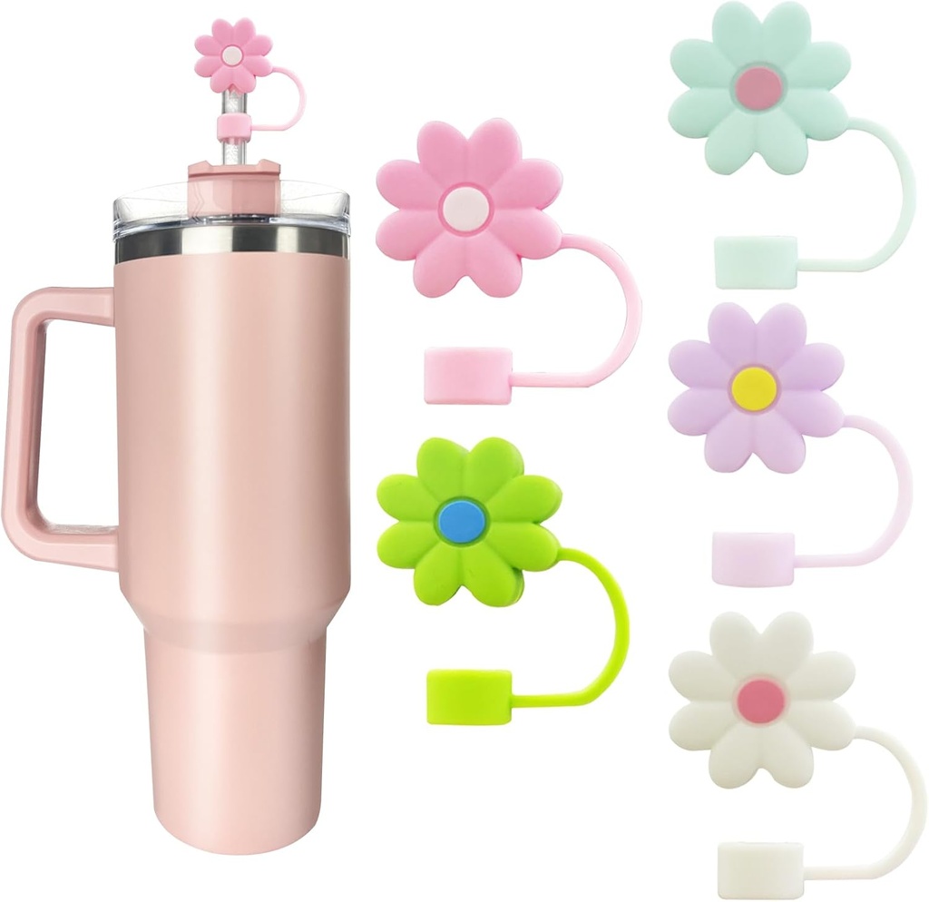 5 PCS Silicone Straw Covers Cap Compatible with Stanley 30&40 Oz Cup, 10mm Cute Flower Straw Toppers for Tumblers, Dust-Proof Drinking Straw Caps for Reusable Straws Tips Lids