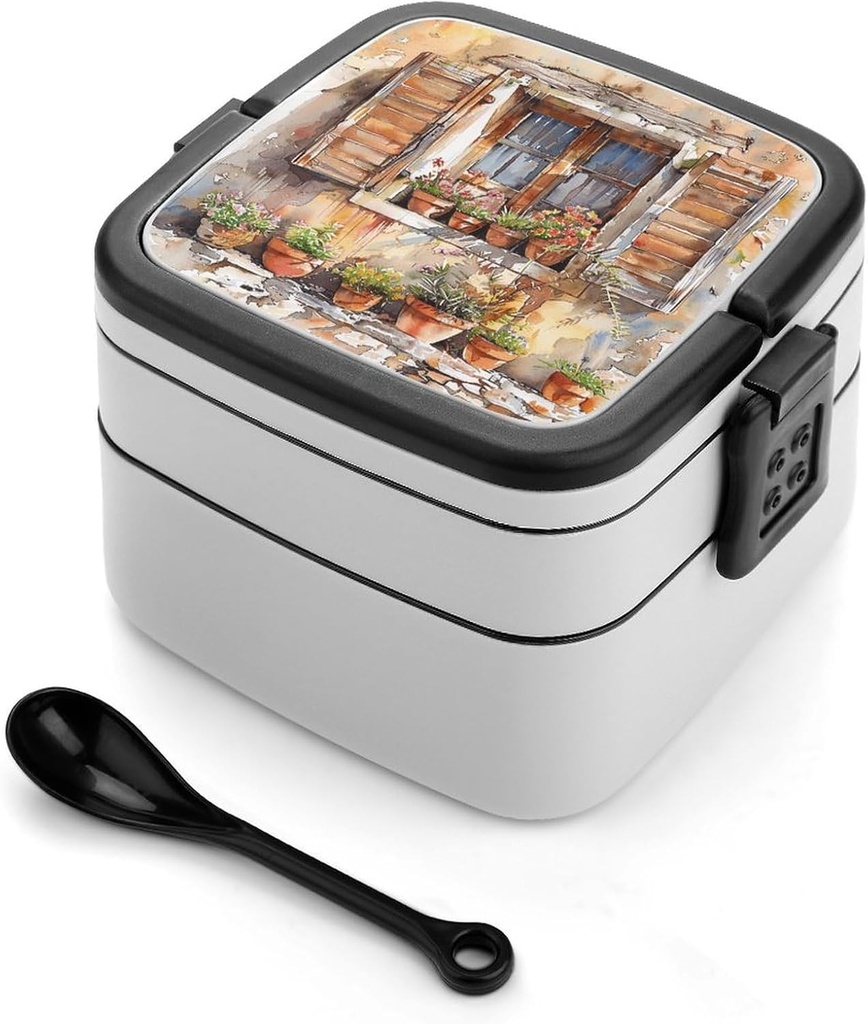 Blinds And Potted Plants Bento Box with Compartments Double Layer Bento Lunch Box with Spoon And Handle All-in-One Adult Lunchbox Leakproof Lunch Container for Work Picnic Travel