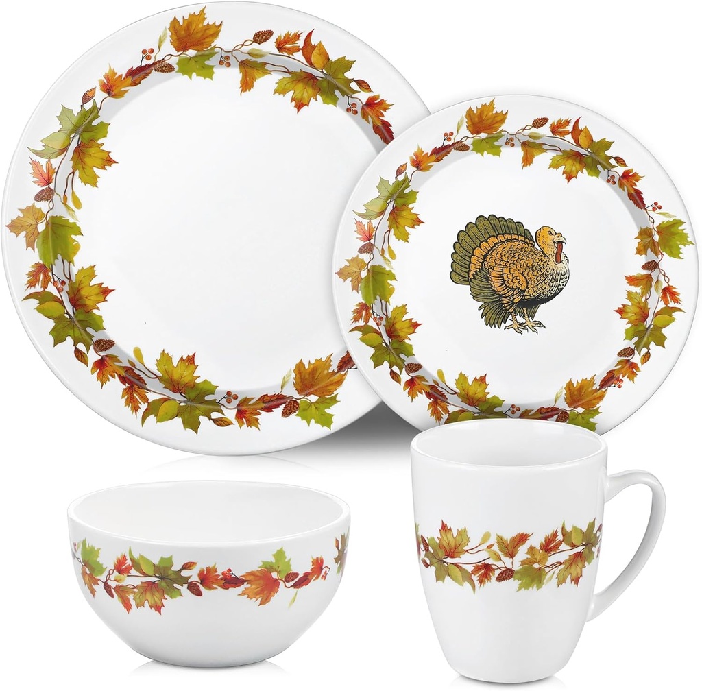 16 Pcs Thanksgiving Dinnerware Sets for 4 Rustic Autumn Tableware Fall Thanksgiving Salad Plate Harvest Soup Cereal Bowl Mug Dinnerware Sets with Berry Fall Maple Leaves Turkey Service