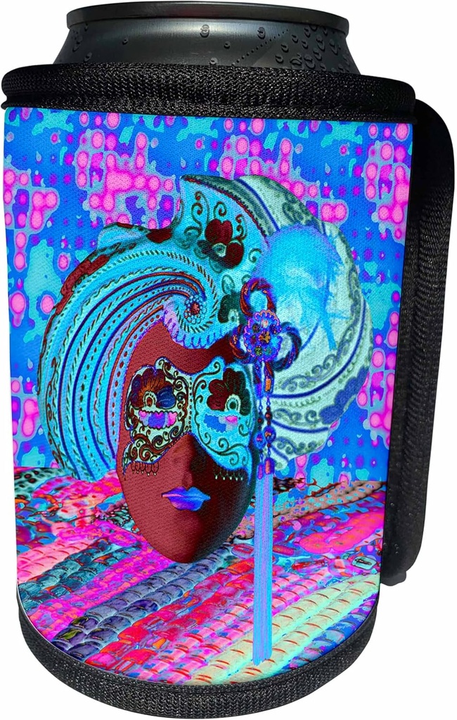 Can Cooler Bottle Wrap - Pretty Mardi Gras Mask with Tassels on Bead Background, Aqua, Pink Mardi Gras Design