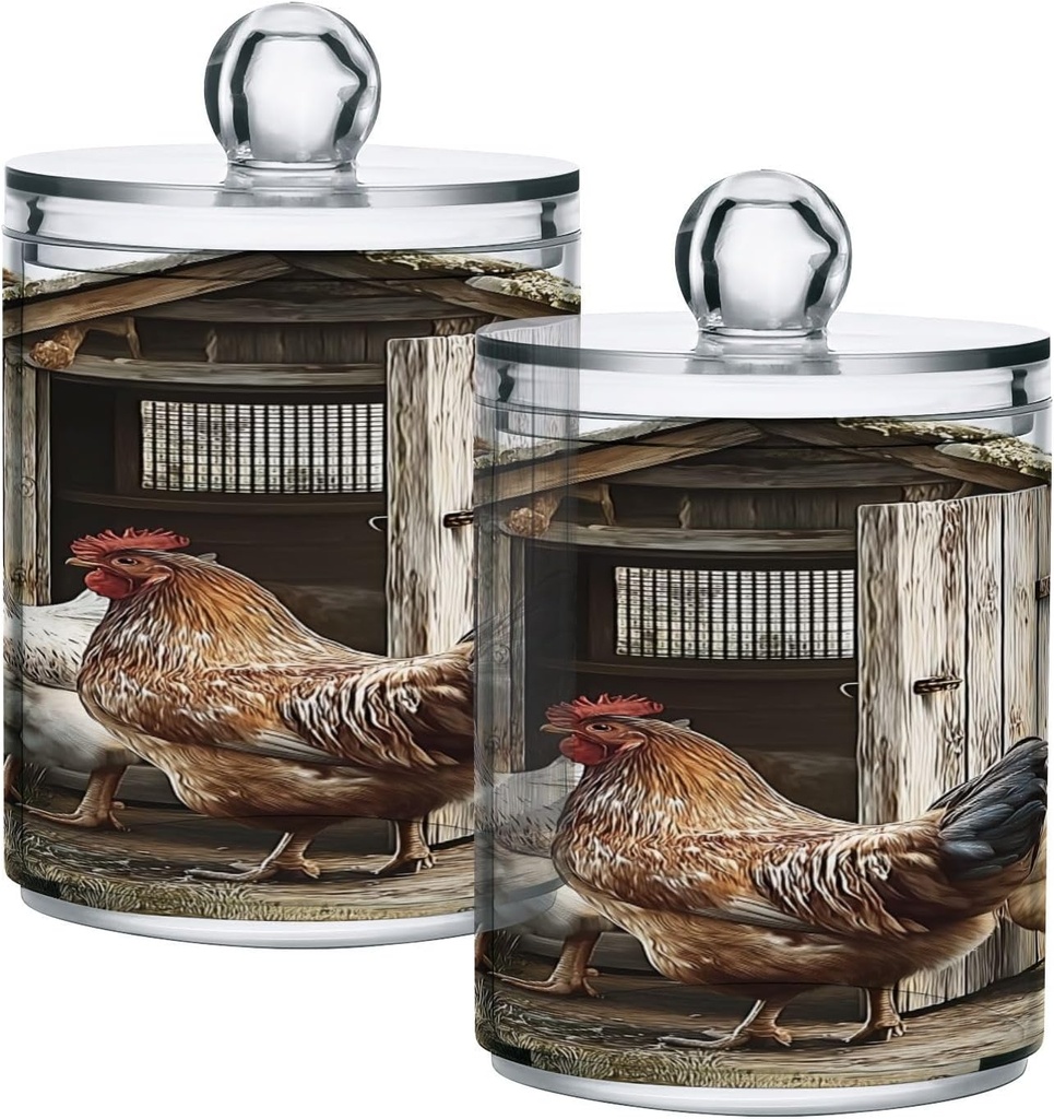 Acrylic Plastic Clear Jar with Lid, Rooster Hen Chicken Wooden House Airtight Storage Jar 2 Pack Kitchen Storage Containers for Cookie Snack Candy
