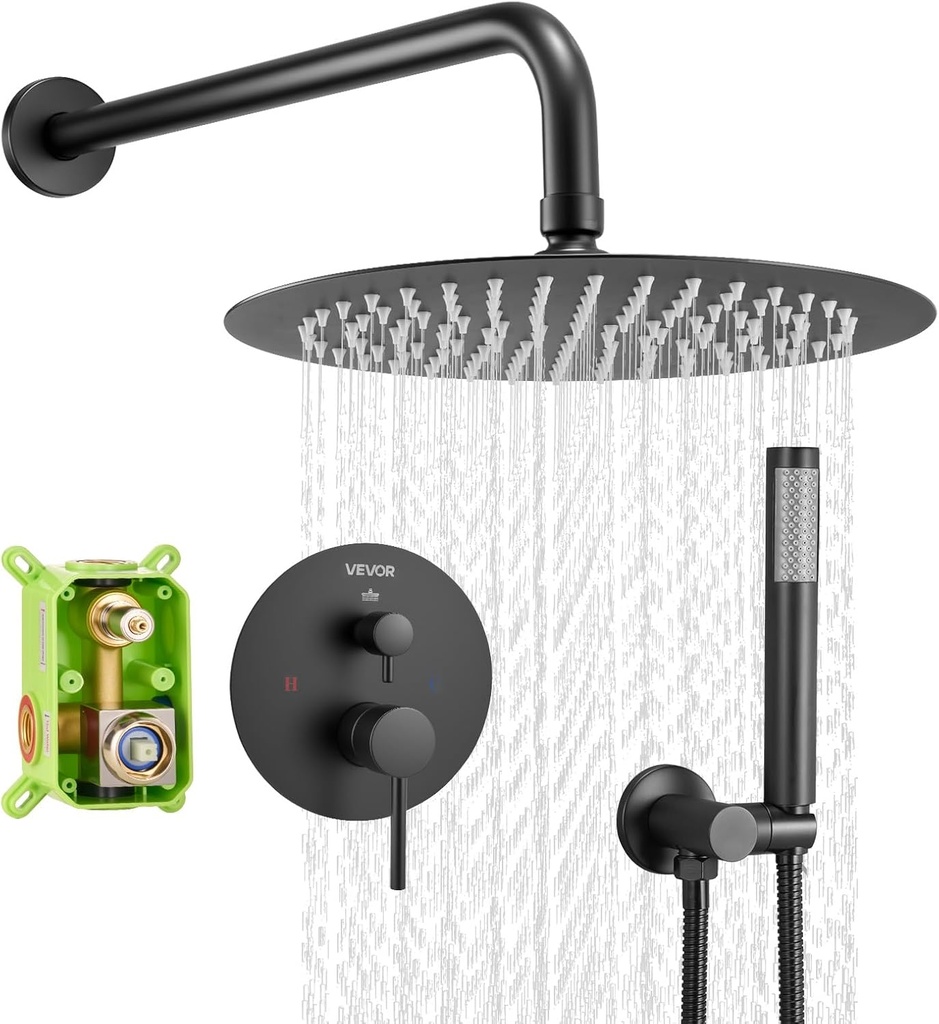VEVOR Shower Faucet Set, Rainfall Bathroom Shower System with 10-Inch Round Rain Shower Head and Handheld Spray, Wall Mounted Bath Fixtures with Brass Valve and Trim Kit, Matte Black